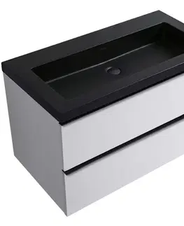 Kúpeľňový nábytok CERANO - Kúpeľňová skrinka Velora - biela matná, úchytka čierna + umývadlo z lit. mramoru Ovo - čierna matná - 80,5x58x46,5 CER-979942