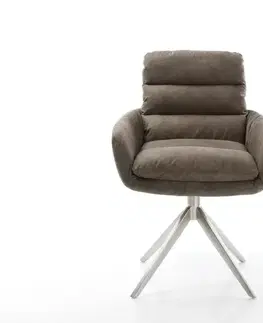 Jedálenské stoličky DELIFE Otočná jedálenská stolička Abelia-Flex s opierkami mikrovlákno taupe vintage krížová podstava široká nerezová oceľ 360° otočná hojdacia funkcia