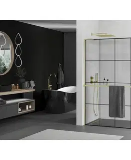 Sprchové dvere MEXEN/S - Kioto+ L Sprchová zástena WALK-IN s poličkou a držiakom uterákov 120 x 200, čierny vzor, zlatá kartáčovaná 800-120-123-55-77