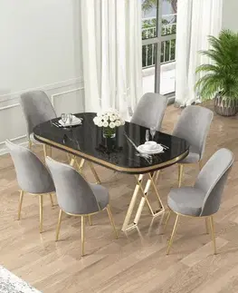Jedálenské sety Dining Table & Chairs Set (7 Pieces) Lai - Black Marble, Gold, Grey