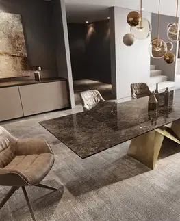 Jedálenské stoly DELIFE Jedálenský stôl Edge 300x100 keramika Laminam® Emperador Extra Lucidato tmavohnedá Origami metalická zlatá