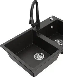 Kuchynské drezy MEXEN/S MEXEN/S - Tomas granitový drez 2-bowl vrátane batérie Elia, čierna/zlatá metalik 6516-75-670101-70