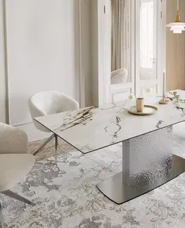 Jedálenské stoly DELIFE Jedálenský stôl Edge 180-220x100 keramika Calacatta Luxe bielo-zlato-šedá Wave nerezová oceľ rozkladací