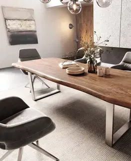 Jedálenské stoly DELIFE Jedálenský stôl Edge 260x100 XL akácia hnedá nerezová oceľ úzky Live-Edge