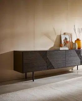Televízne stolíky DELIFE TV stolík Tereos 220 cm jaseň tmavohnedá 3D efekt 4 dvierka okrúhla podstava kov čierna