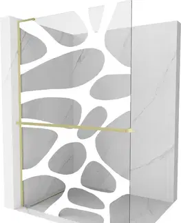 Sprchové dvere MEXEN/S - Kioto+ L Sprchová zástena WALK-IN s poličkou a držiakom uterákov 90 x 200, biely vzor, zlato kartáčovaná 800-090-123-55-97