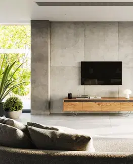Televízne stolíky DELIFE Dizajnový TV stolík Stonegrace 200 cm akácia prírodná bridlica 4 zásuvky