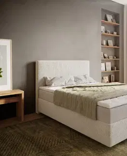 Postele Boxspring DELIFE Boxspring posteľ Dream-Well 140x200 cm bouclé krémovo biela s vreckovou pružinovou matracou a topperom Visco
