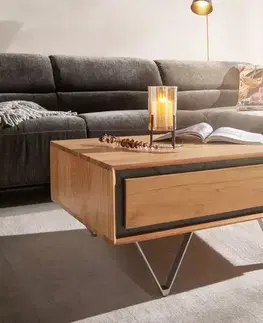 Konferenčné stolíky DELIFE Konferenčný stolík Stonegrace 80x60 cm akácia prírodná 2 zásuvky kamenná dyha