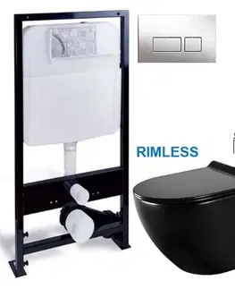 Záchody PRIM předstěnový instalační systém s chromovým tlačítkem 20/0041 + WC MEXEN LENA ČERNÁ Rimless + SEDADLO PRIM_20/0026 41 ME01