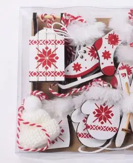 Vianočné ozdoby a dekorácie Kinekus Ozdoba vianočná závesná sada 6 ks drevená bielo-červená mix
