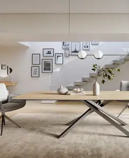 Jedálenské stoly DELIFE Jedálenský stôl Edge zaoblený 300×120 cm keramika Laminam® sabbia v dubovej farbe krížová podstava nerezová oceľ grafitová