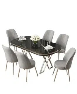 Jedálenské sety Dining Table & Chairs Set (7 Pieces) Lai - Black Marble, Chrome, Grey