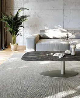 Konferenčné stolíky DELIFE Konferenčný stolík Edge zaoblený 140x80 cm keramika Laminam® Noir Desir hnedá Vibany kov efektové prevedenie titánová farba