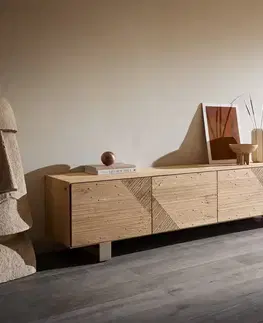 Televízne stolíky DELIFE TV stolík Tereos 220 cm dub prírodný 3D efekt 4 dvierka podstava z nerezovej ocele kefovaná