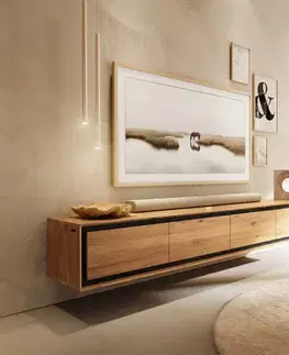 Televízne stolíky DELIFE TV stolík Stonegrace 200 cm dub prírodný 4 dvierka kamenná dyha závesný