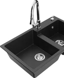 Kuchynské drezy MEXEN/S MEXEN/S - Tomas granitový drez 2-bowl vrátane batérie Elia, čierna/strieborná metalík 6516-73-670101-00