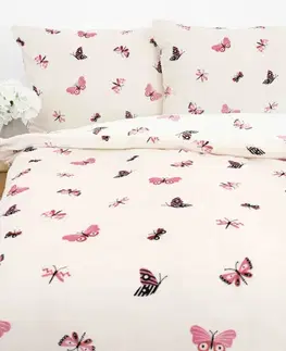 Obliečky MKLozkoviny.sk Obliečky mikroplyš Exclusive – Motýliky béžové - 140 × 200 cm - 70 x 90 cm