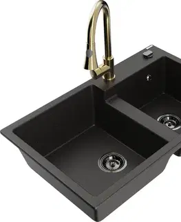 Kuchynské drezy MEXEN/S MEXEN/S - Tomas granitový drez 2-bowl vrátane batérie Elia, čierna/zlatá metalik 6516-75-670101-50-B