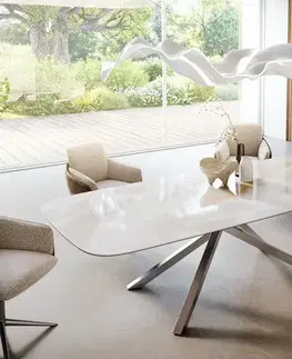 Jedálenské stoly DELIFE Jedálenský stôl Edge zaoblený tvar 270×120 cm keramika Iris FMG Onice Grigio krížová podstava obdĺžniková nerezová oceľ