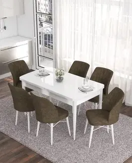Jedálenské sety Extendable Dining Table & Chairs Set (7 Pieces) Eva - White, Brown