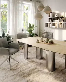 Jedálenské stoly DELIFE Jedálenský stôl Edge zaoblený 260×120 cm keramika Laminam® sabbia dubová farba nerezová oceľ kefovaná