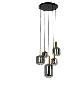 Závesné svietidlá Závesná lampa čierna so zlatom a dymovým sklom vrátane 5 PUCC - Zuzanna