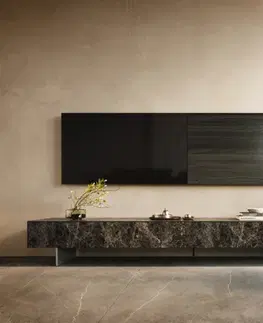 Televízne stolíky DELIFE TV stolík Cuor 250 cm keramika emperador extra leštený tmavohnedá 1 výklopné dvierka 1 zásuvka podstava závesná nerezová oceľ