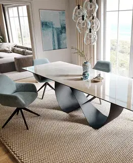 Jedálenské stoly DELIFE Jedálenský stôl Edge 200-300×100 cm keramika onyx champagne infinity kov čierna rozkladací
