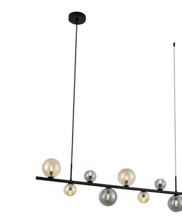 Závesné svietidlá Závesná lampa čierna s dymovým a jantárovým sklom obdĺžniková 8-svetiel - Monaco