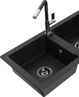 Kuchynské drezy MEXEN/S MEXEN/S - Mario granitový drez 2-bowl vrátane batérie Flora, čierna 6504-77-670401-07-B