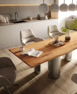 Jedálenské stoly DELIFE Jedálenský stôl Edge 260×100 akácia prírodná pilier nerezová oceľ kefovaný Live-Edge