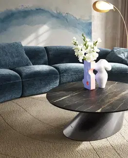 Konferenčné stolíky DELIFE Konferenčný stolík Edge okrúhly 90x90 cm keramika Laminam® Noir Desir hnedá Conis metalická strieborná