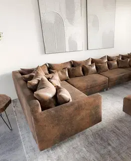 Sedacie súpravy XL DELIFE Pohovka v tvare U Clovis XL modulárna hnedá vintage taburet opierka