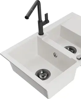 Kuchynské drezy MEXEN/S MEXEN/S - Gaspar granitový drez 1.5 s odkvapkávačom vrátane batérie Flora, biela 6507-20-670401-70-B