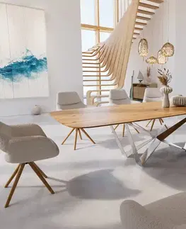 Jedálenské stoly DELIFE Jedálenský stôl Edge oválny 300x120x2,5-3 cm dub prírodný Spider plochá nerezová oceľ švajčiarska hrana