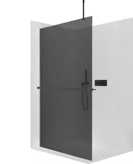 Držadlá k vani CERANO - Sprchová zástěna Walk-in Onyx Top Round L/P - 8 mm - kulatá vzpěra + polička/držák na ručníky - černá matná, grafitové sklo - 50x200  CER-8050BD1716