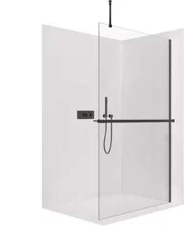 Držadlá k vani CERANO - Sprchová zástěna Walk-in Onyx Top Round L/P - 8 mm - kulatá vzpěra + polička/držák na ručníky - černá matná, transparentní sklo - 50x200  CER-8050BD1728