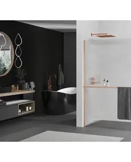Sprchové dvere MEXEN/S - Kioto+ Sprchová zástena WALK-IN s poličkou a držiakom uterákov 70 x 200, prúžky, meď kartáčovaná 800-070-121-65-09