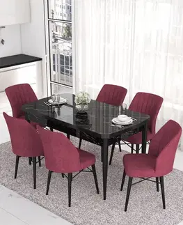 Jedálenské sety Extendable Dining Table & Chairs Set (7 Pieces) Eva - Black Marble, Burgundy