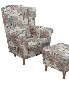Kreslá KONDELA Astrid kreslo (ušiak) s taburetkou vzor patchwork Viorica 1