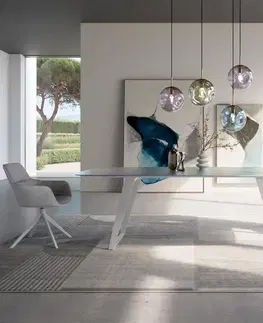Jedálenské stoly DELIFE Jedálenský stôl Edge zaoblený tvar 240x120 cm reliéfne sklo perleť 3D dizajn kov šikmý biela