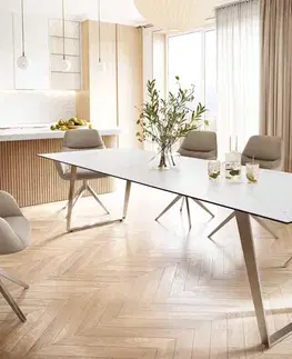 Jedálenské stoly DELIFE Jedálenský stôl Edge 300x100 keramika Laminam® Statuarietto biela nerezová oceľ šikmý