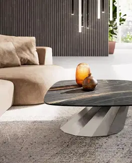 Konferenčné stolíky DELIFE Konferenčný stolík Edge zaoblený tvar 90x90 cm keramika Laminam® Noir Desir hnedá Parabi nerezová oceľ kefovaná