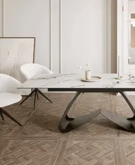 Jedálenské stoly DELIFE Jedálenský stôl Edge 180-220x100 keramika Calacatta Luxe bielo-zlato-šedá podstava v tvare W titánová farba rozkladací