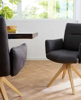 Jedálenské stoličky DELIFE Otočná jedálenská stolička Jova-Flex s opierkami mikrovlákno antracit vintage drevená podstava hranatá prírodná 180° otočná vrecková pružina