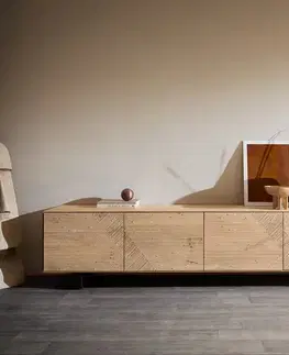 Televízne stolíky DELIFE TV stolík Tereos 220 cm dub prírodná 3D efekt 4 dvierka podstava kov čierna