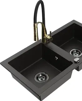 Kuchynské drezy MEXEN/S MEXEN/S - Mario granitový drez 2-bowl vrátane batérie Aster, čierna/zlatá metalik 6504-75-73450-57-B