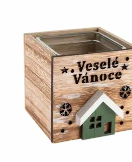 Vianočné dekorácie Drevený svietnik so sklom Veselé Vianoce, 9 x 8,5cm, prírodný