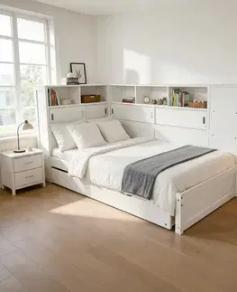 Postele KONDELA Lendon jednolôžková posteľ s prístelkou a regálmi 90x200 biela